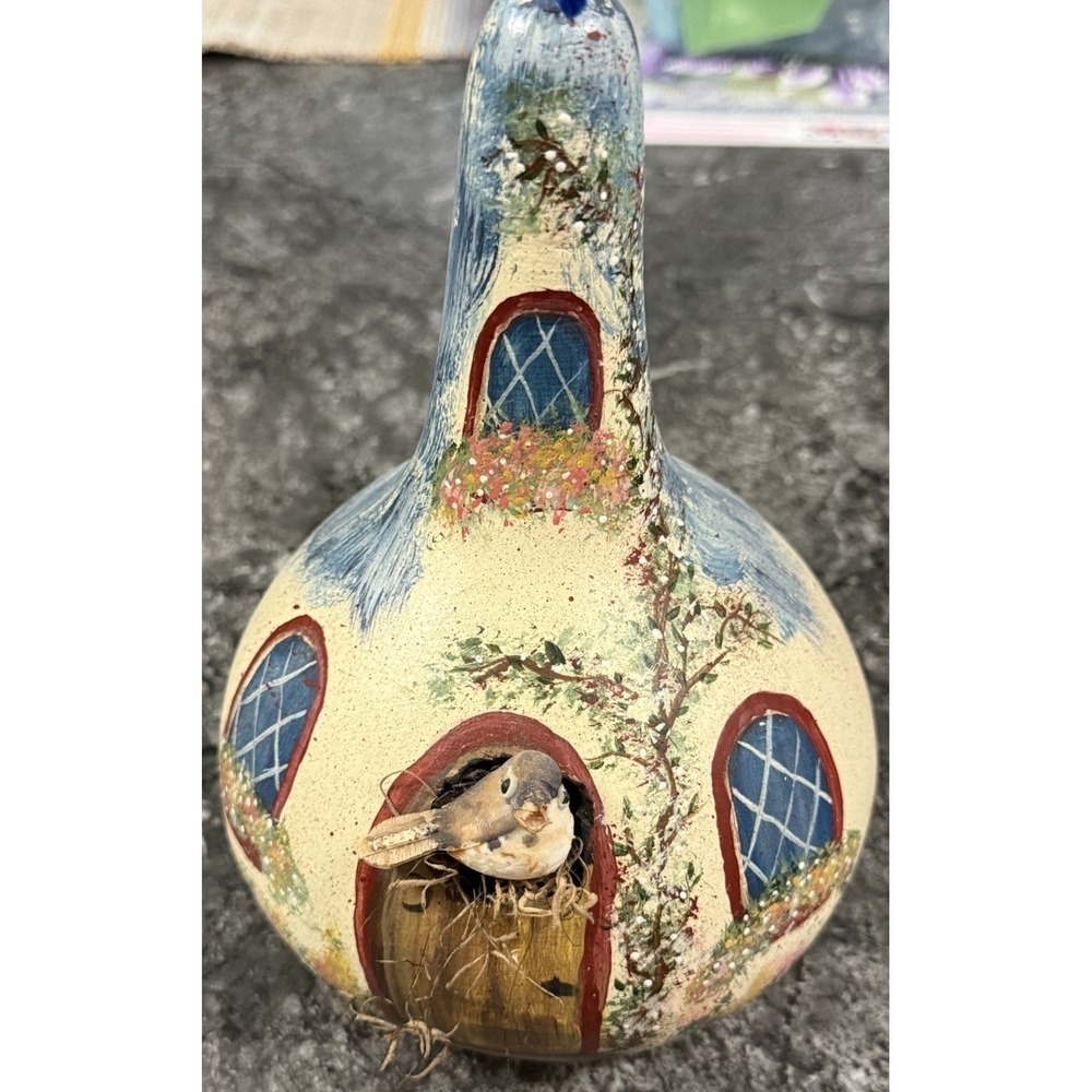 Vintage Hand‎ Painted Dried Gourd Birdhouse Cottage Country Core Garden Art 11X7